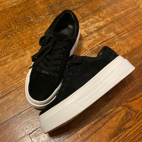 J Slides Shoes - J Slides Women Black Faux Suede Platform Sneakers 7.5